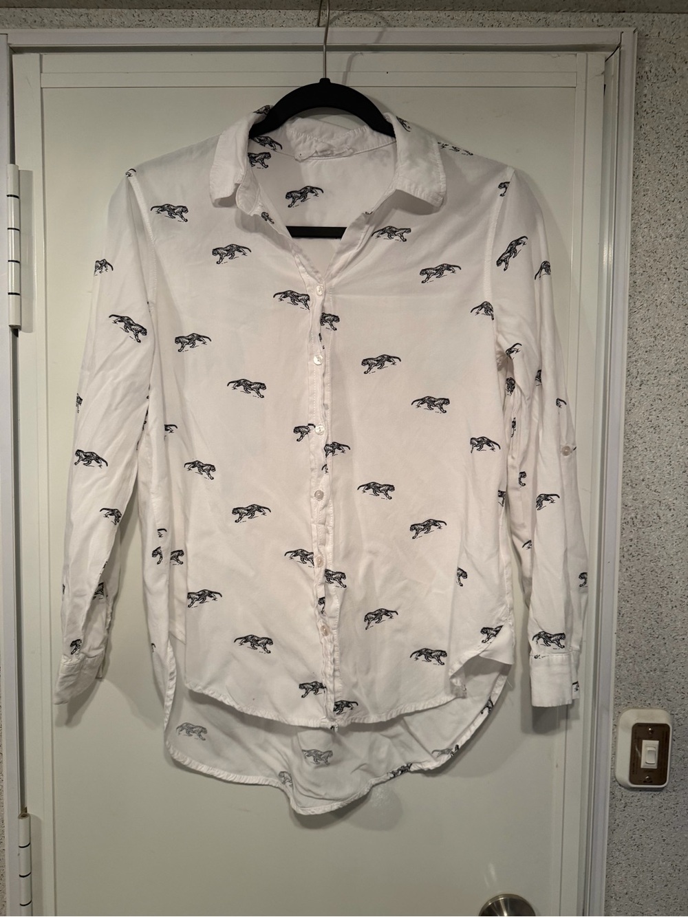 White Long-Sleeve Button-Up Shirt with Black cheetah Print